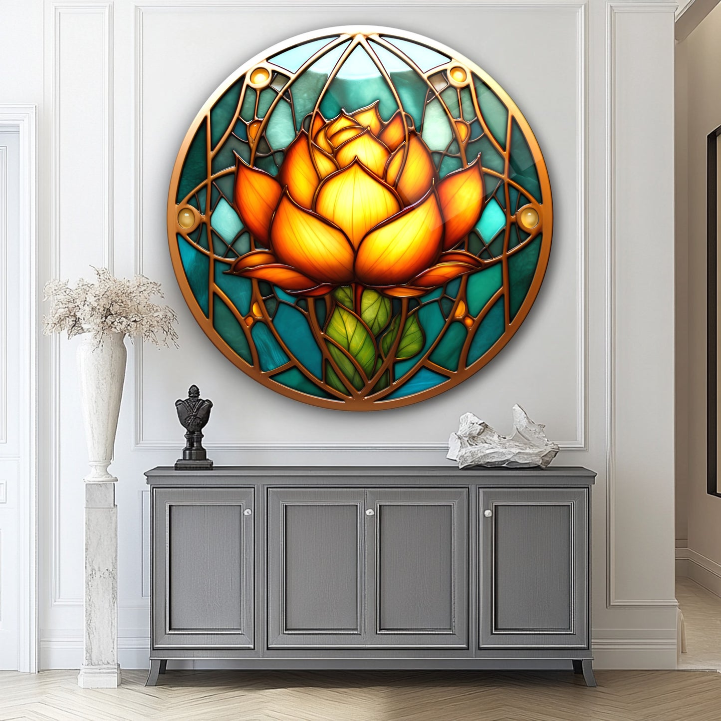 Vitray Desen Sarı Çiçek Yuvarlak Cam Tablo