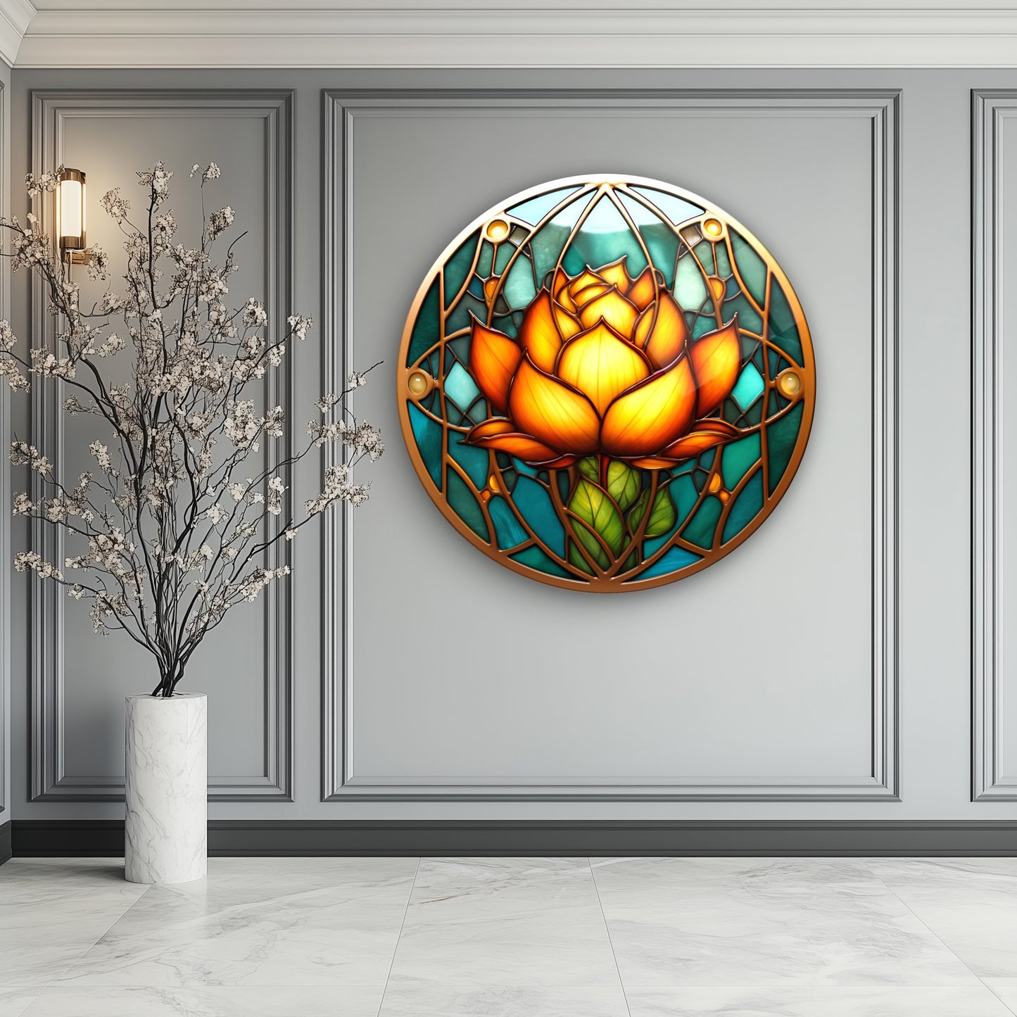 Vitray Desen Sarı Çiçek Yuvarlak Cam Tablo