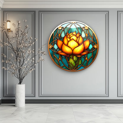 Vitray Desen Sarı Çiçek Yuvarlak Cam Tablo