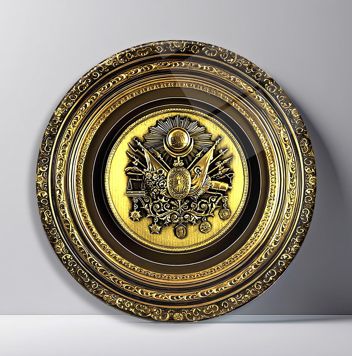 Gold Osmanlı Tuğrası Yuvarlak Cam Tablo