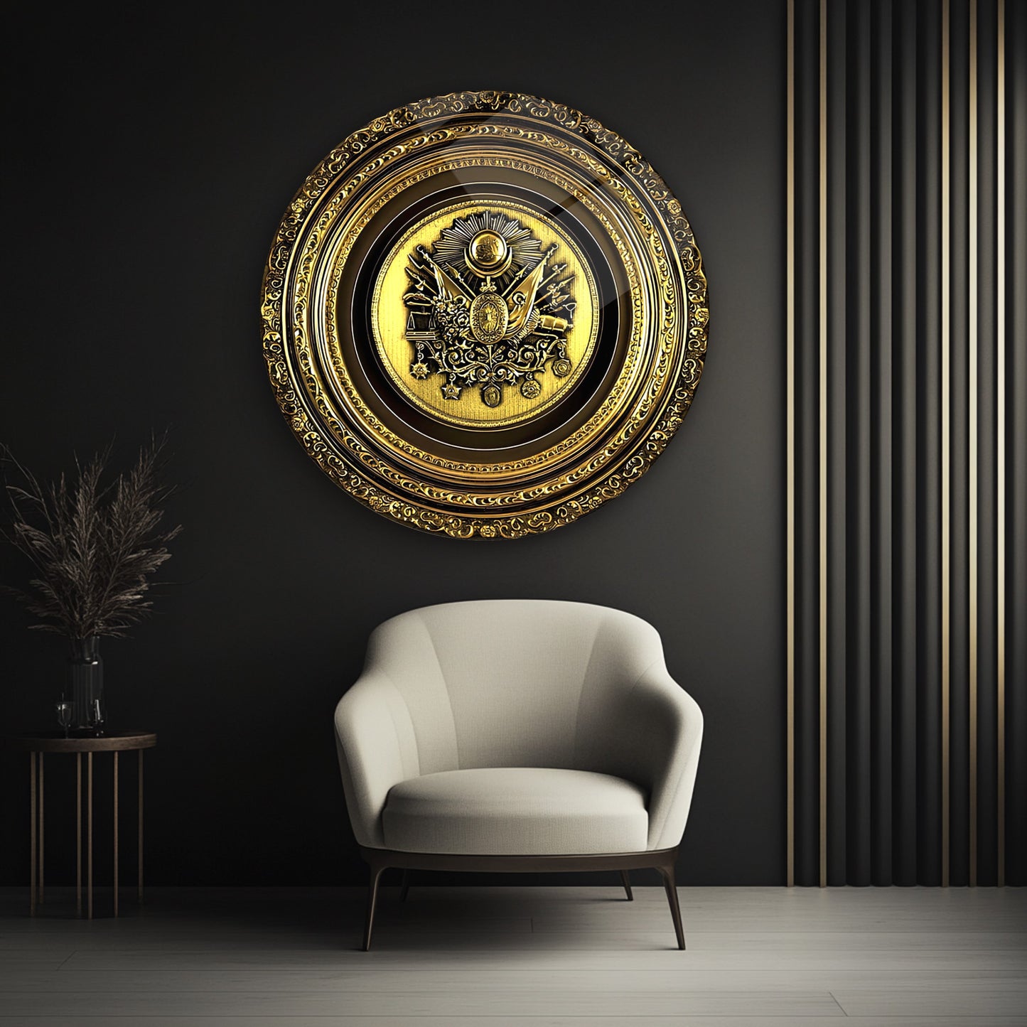Gold Osmanlı Tuğrası Yuvarlak Cam Tablo