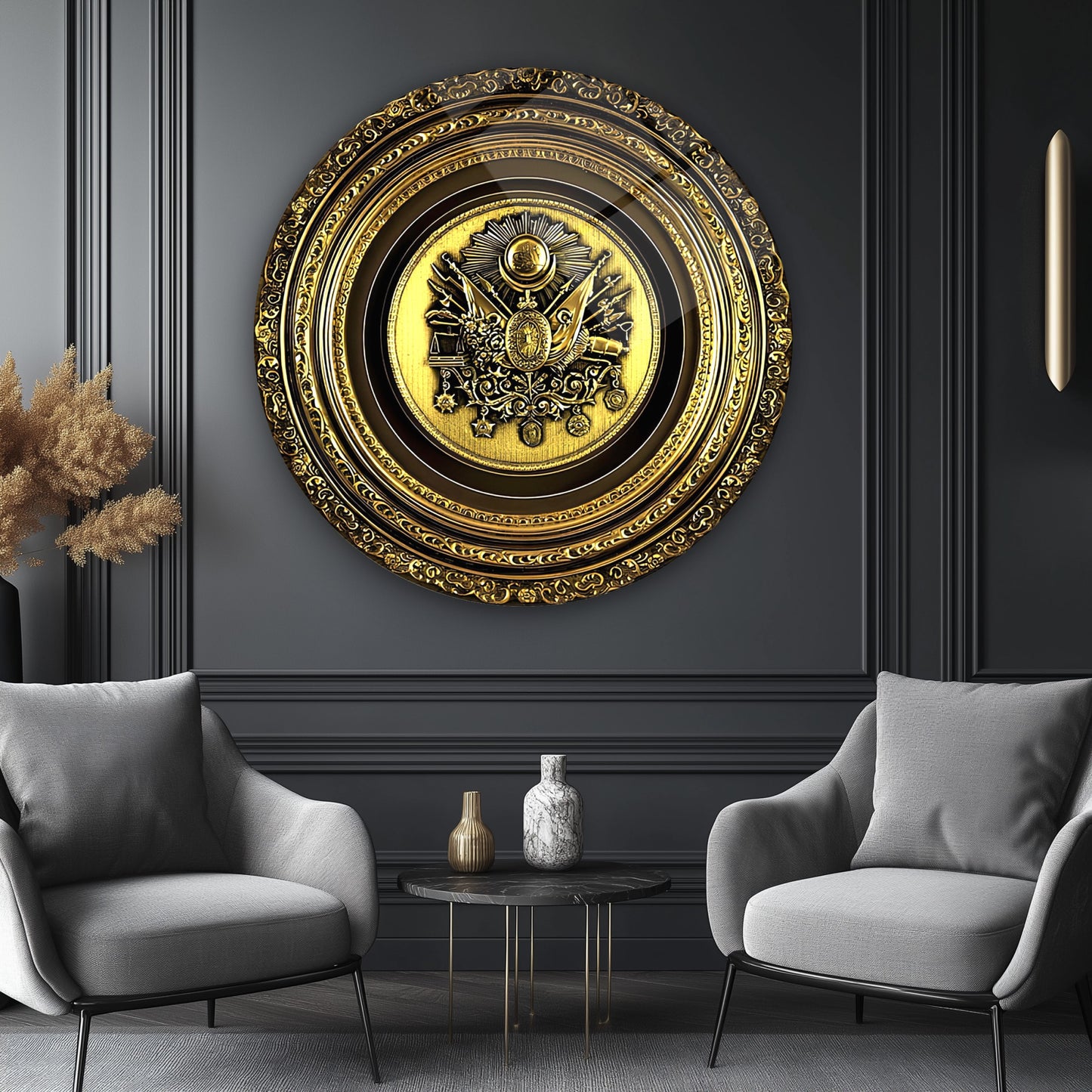 Gold Osmanlı Tuğrası Yuvarlak Cam Tablo