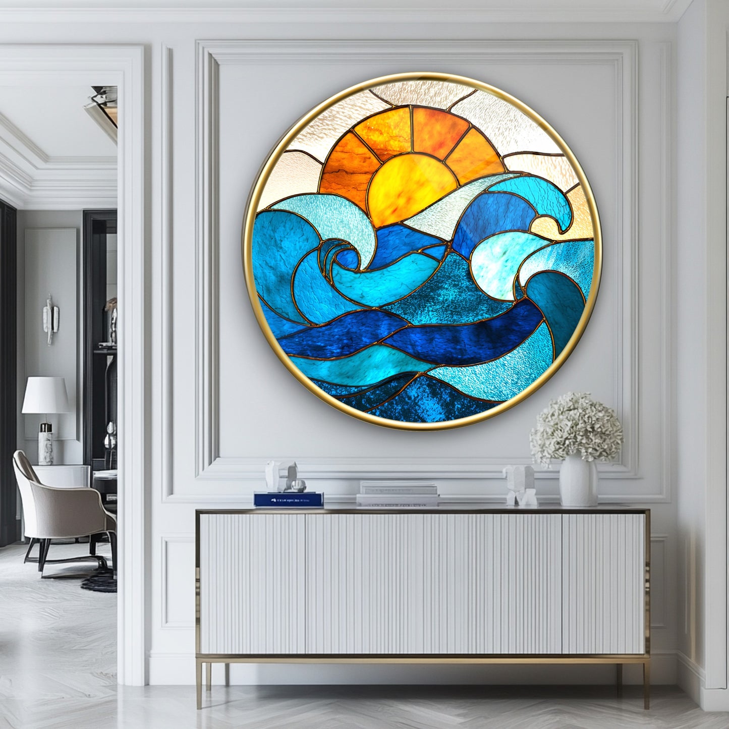 Vitray Desen Güneş ve Deniz Yuvarlak Cam Tablo