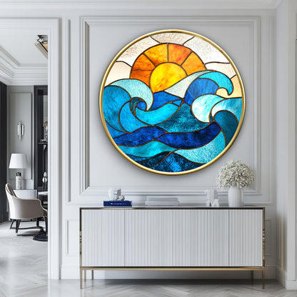 Vitray Desen Güneş ve Deniz Yuvarlak Cam Tablo