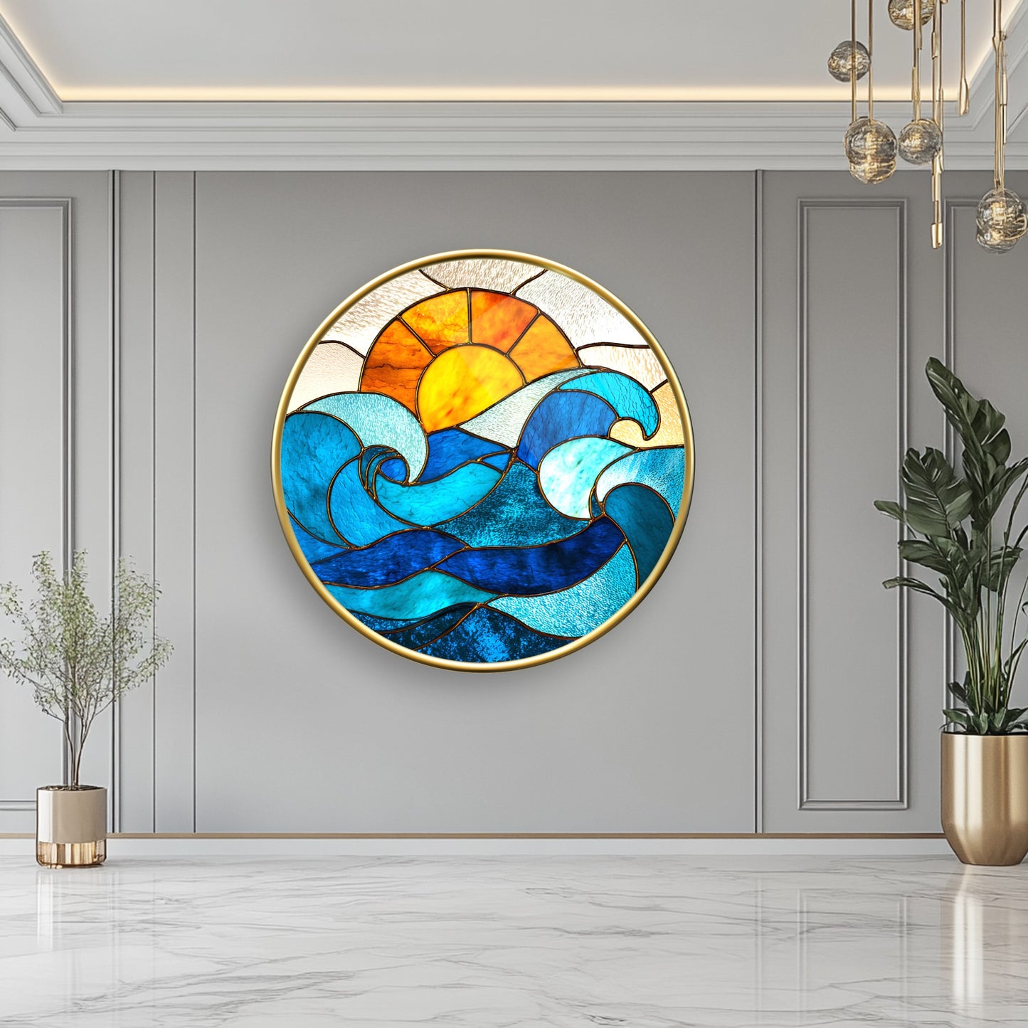 Vitray Desen Güneş ve Deniz Yuvarlak Cam Tablo