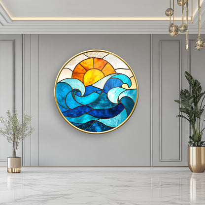 Vitray Desen Güneş ve Deniz Yuvarlak Cam Tablo