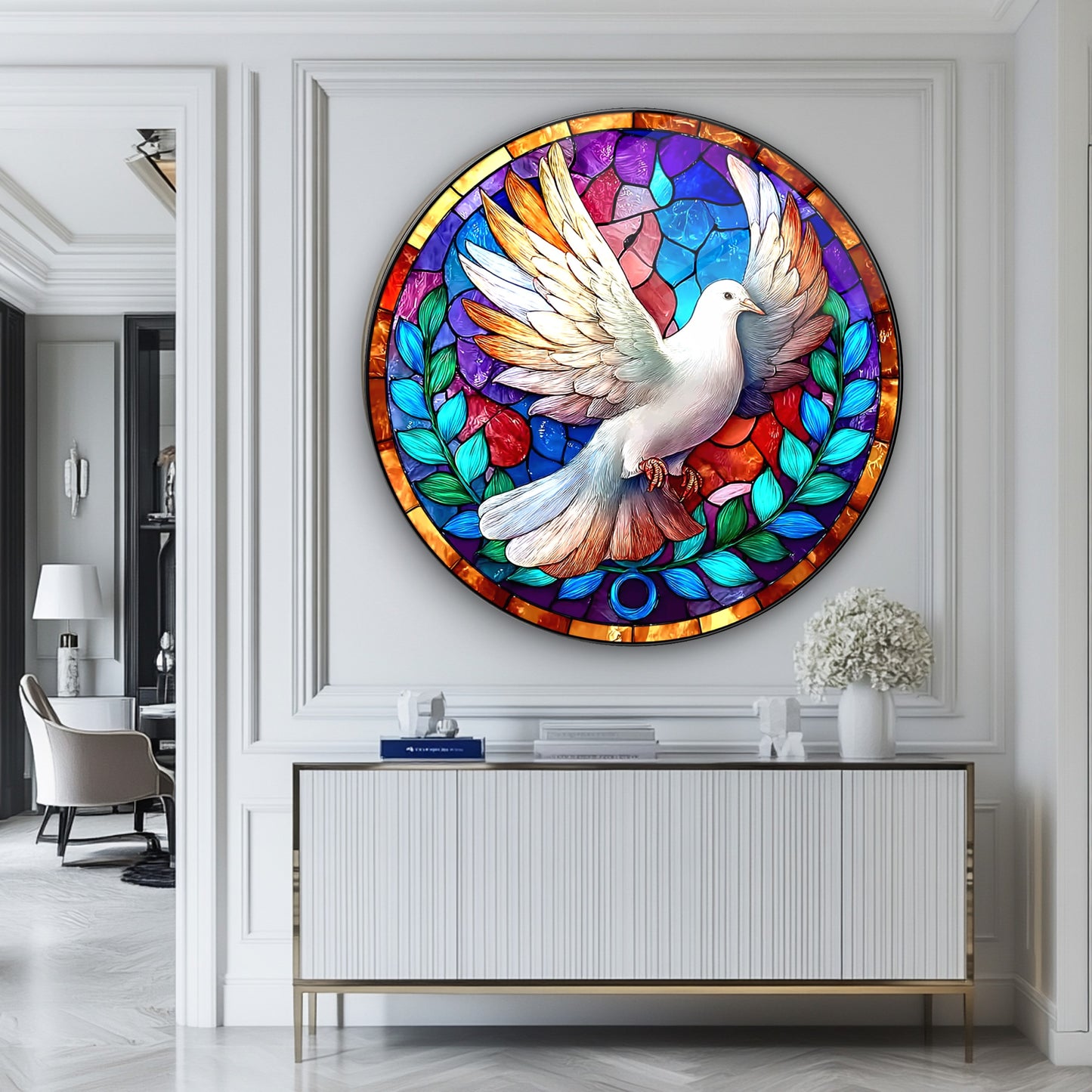 Vitray Desen Güvercin Yuvarlak Cam Tablo