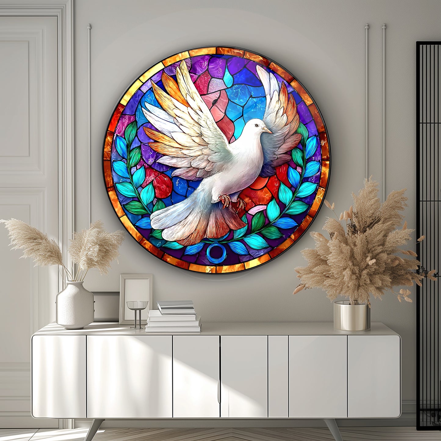 Vitray Desen Güvercin Yuvarlak Cam Tablo