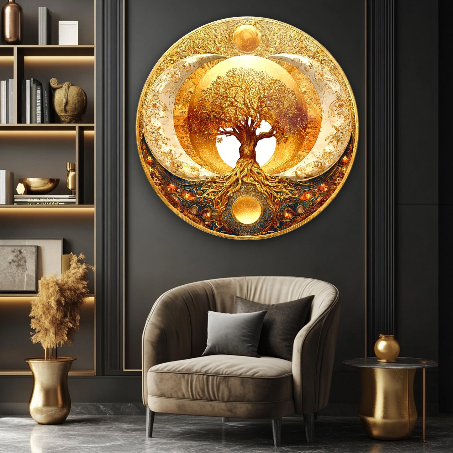 Hilal Motifli Gold Hayat Ağacı Yuvarlak Cam Tablo