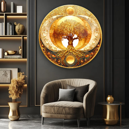 Hilal Motifli Gold Hayat Ağacı Yuvarlak Cam Tablo