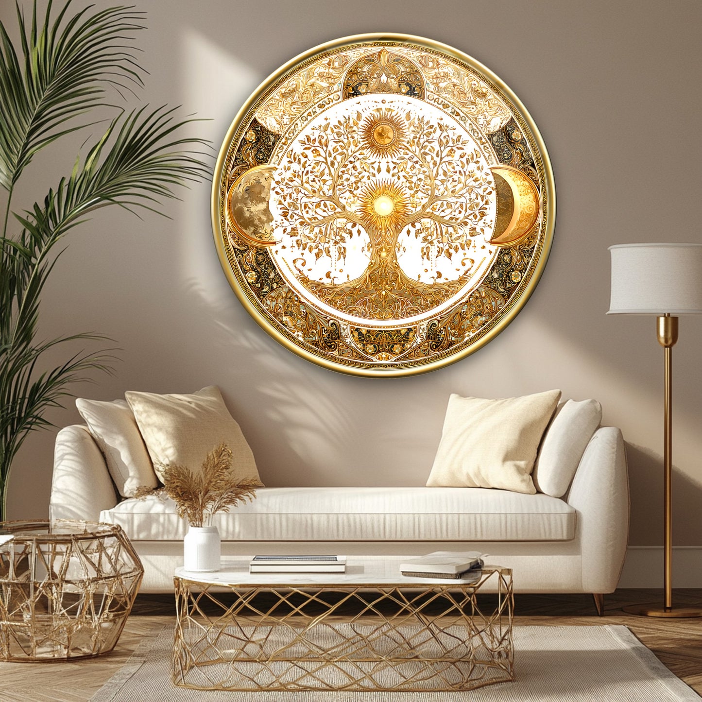Hilal Motifli Gold Hayat Ağacı Yuvarlak Cam Tablo