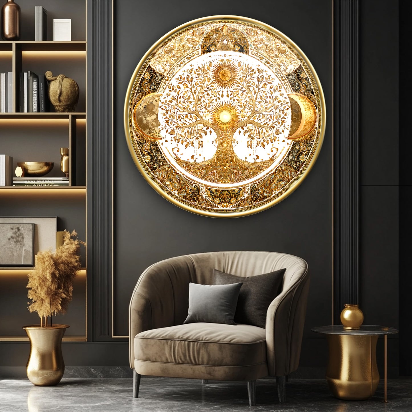 Hilal Motifli Gold Hayat Ağacı Yuvarlak Cam Tablo
