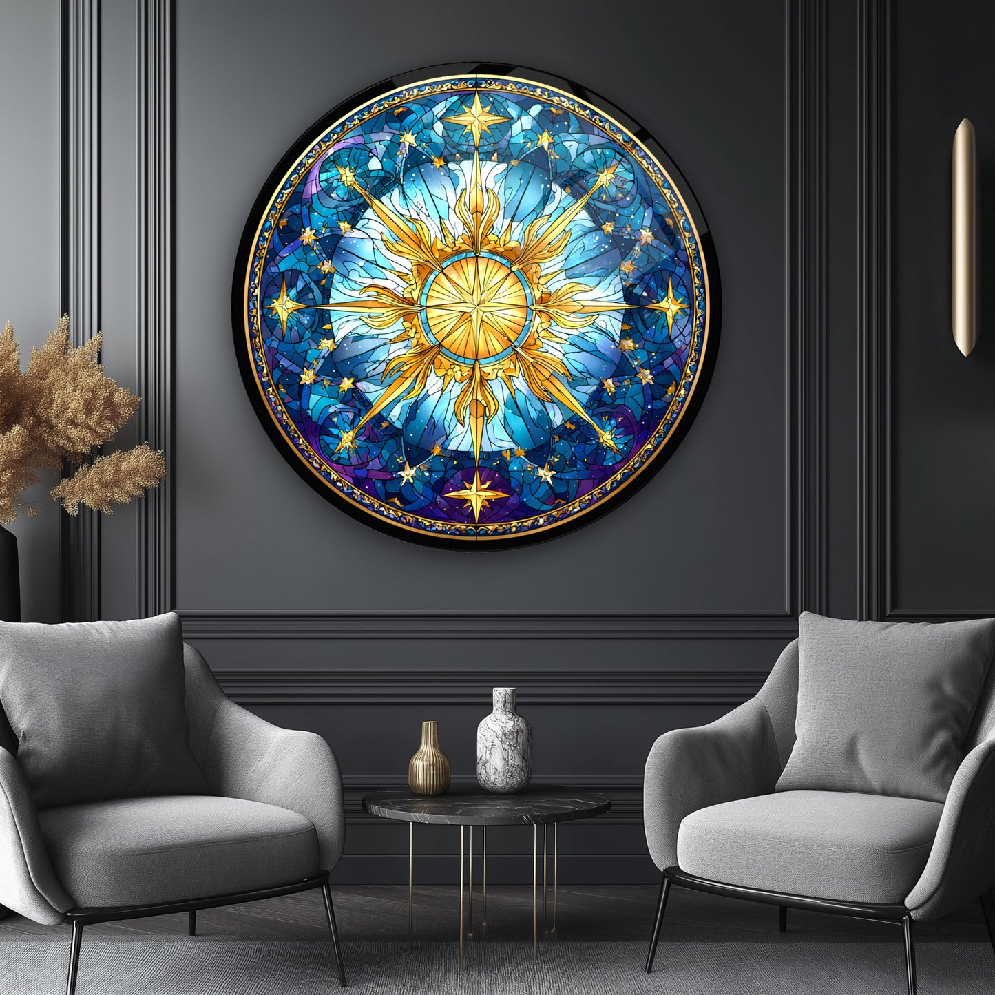 Vitray Desen Gold Yıldız Yuvarlak Cam Tablo