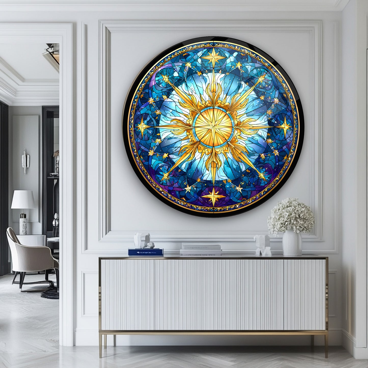 Vitray Desen Gold Yıldız Yuvarlak Cam Tablo