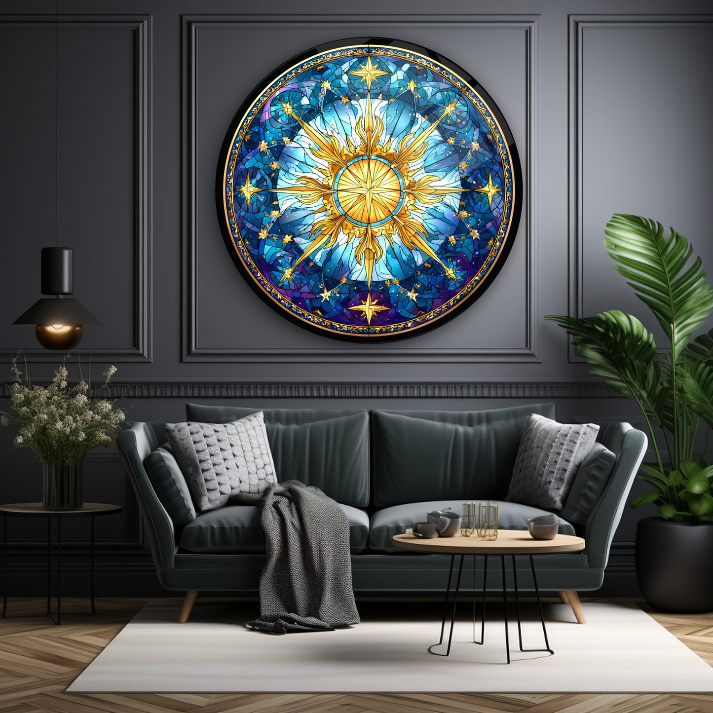 Vitray Desen Gold Yıldız Yuvarlak Cam Tablo