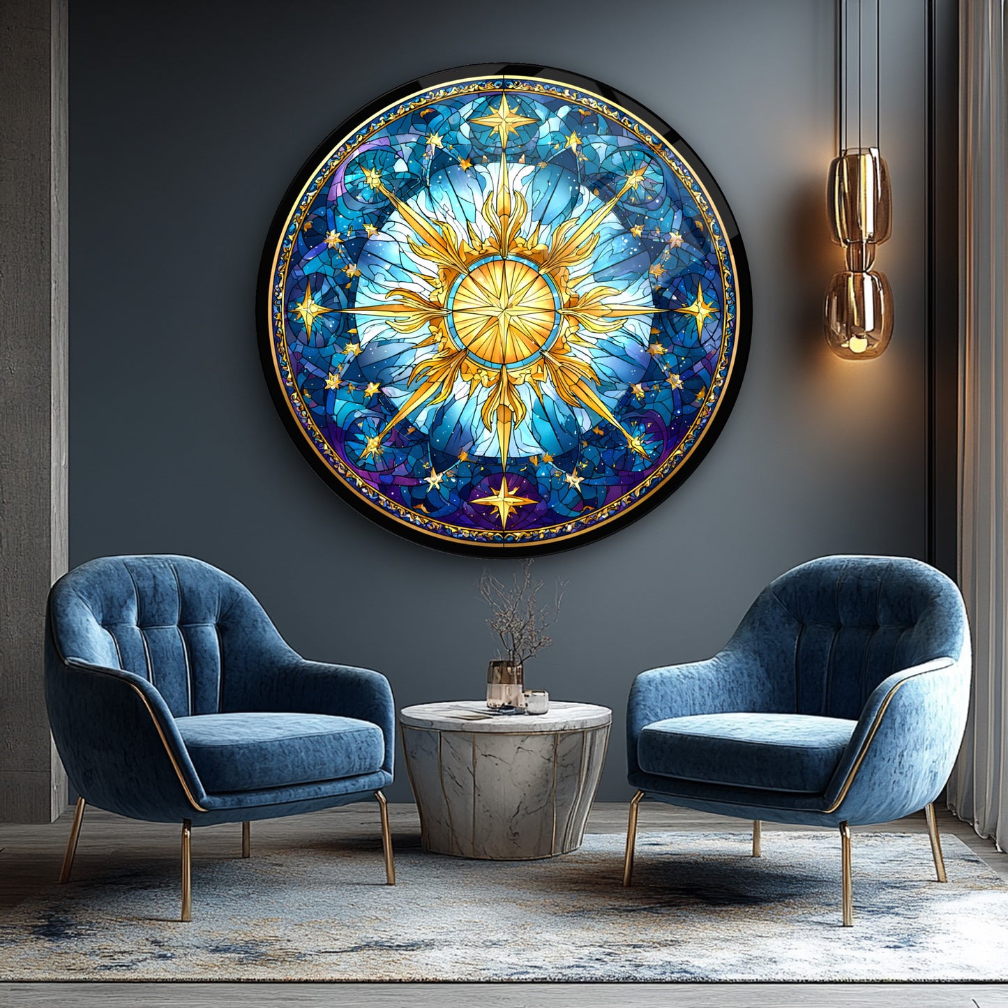 Vitray Desen Gold Yıldız Yuvarlak Cam Tablo