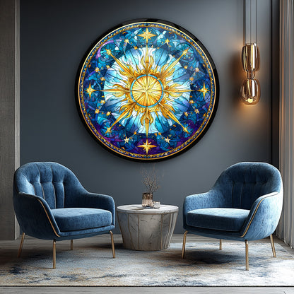 Vitray Desen Gold Yıldız Yuvarlak Cam Tablo