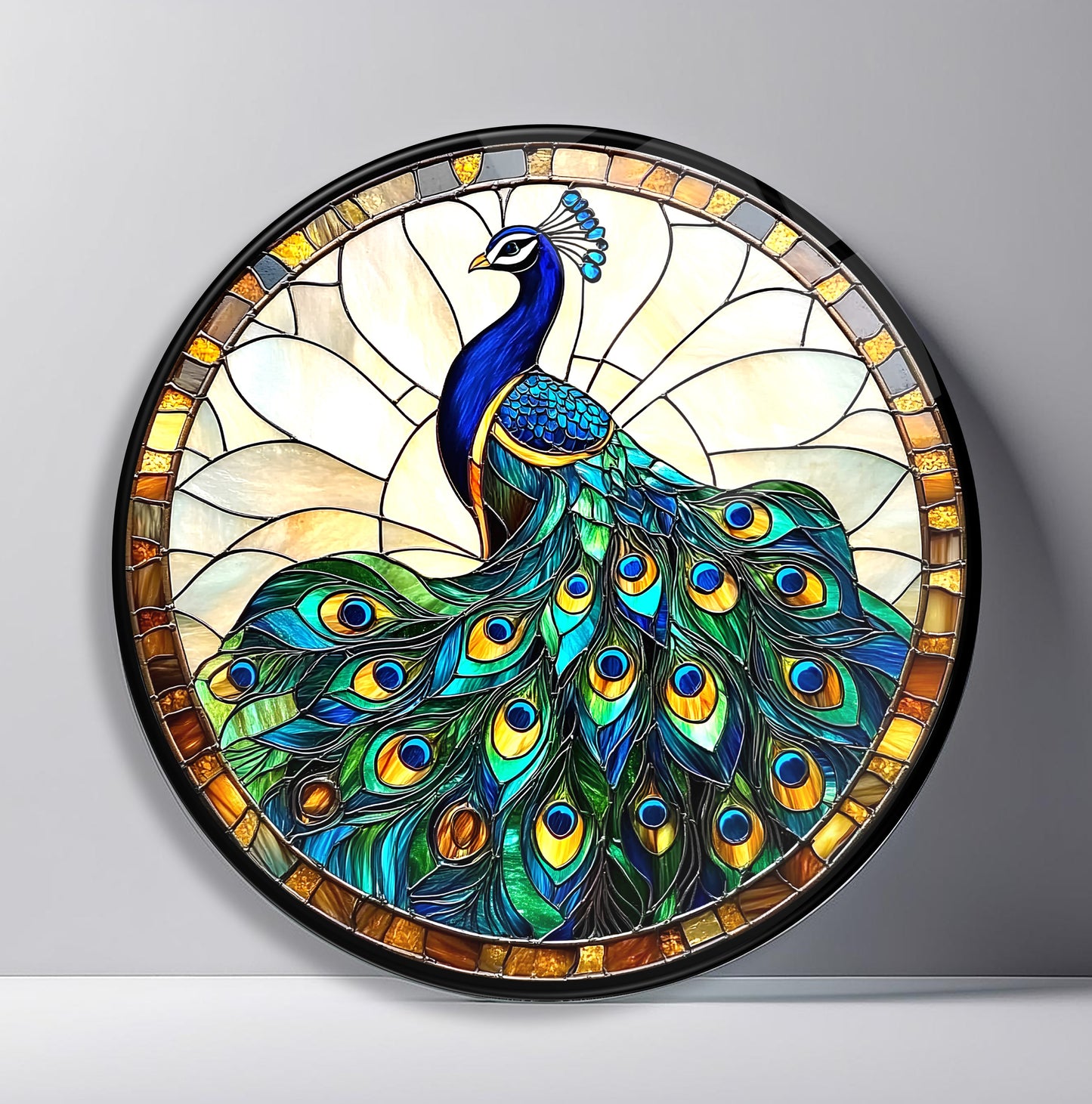 Vitray Desen Yeşil Tavus Kuşu Yuvarlak Cam Tablo