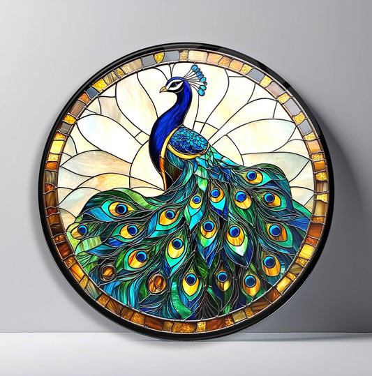 Vitray Desen Yeşil Tavus Kuşu Yuvarlak Cam Tablo