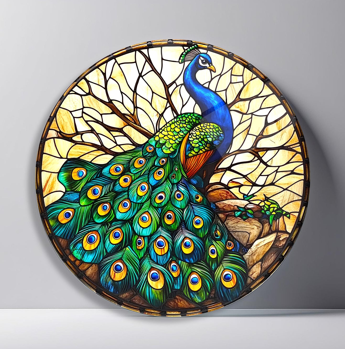 Vitray Desen Yeşil Tavus Kuşu Yuvarlak Cam Tablo