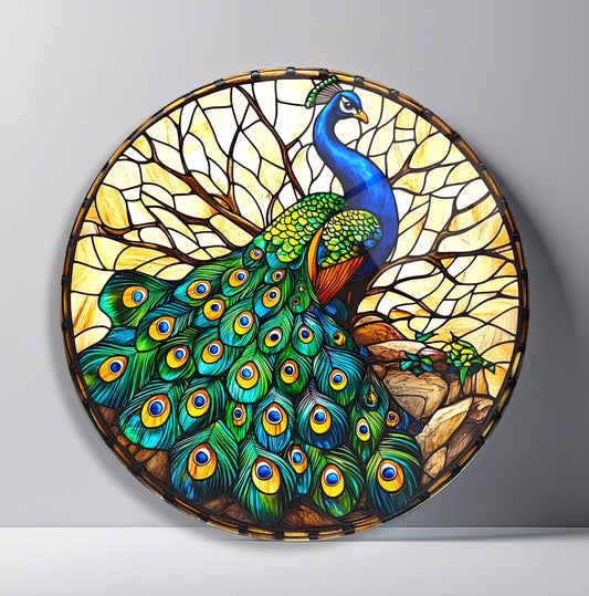 Vitray Desen Yeşil Tavus Kuşu Yuvarlak Cam Tablo