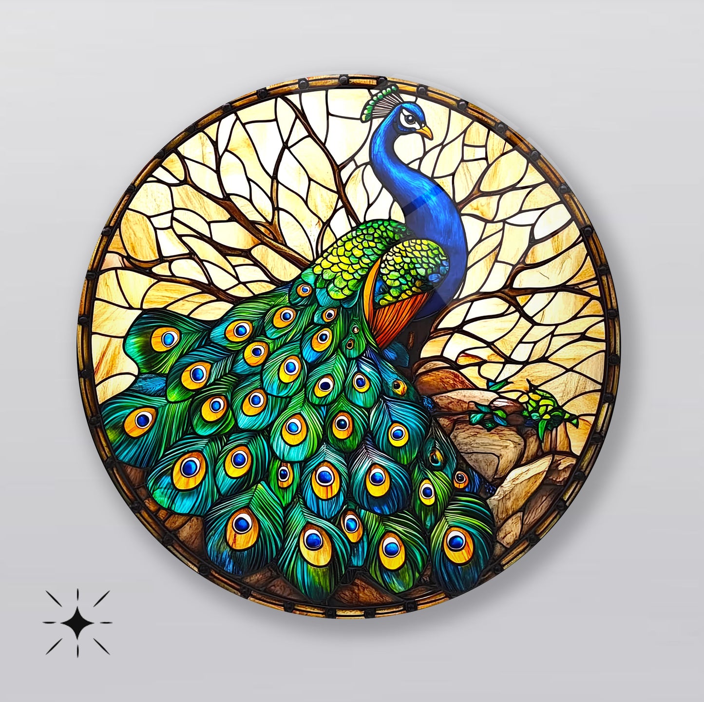 Vitray Desen Yeşil Tavus Kuşu Yuvarlak Cam Tablo