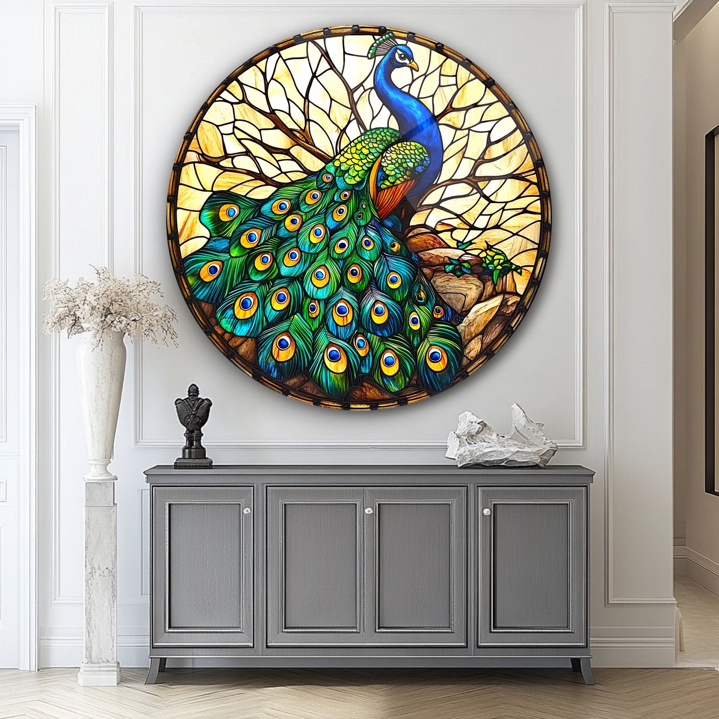 Vitray Desen Yeşil Tavus Kuşu Yuvarlak Cam Tablo