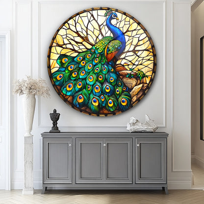 Vitray Desen Yeşil Tavus Kuşu Yuvarlak Cam Tablo