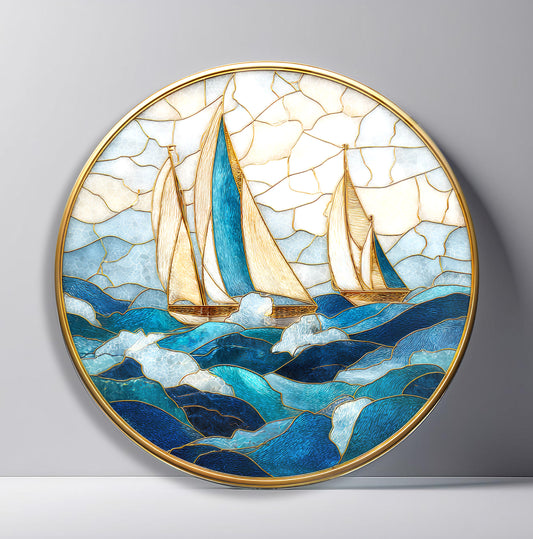 Vitray Desen Yelkenli Gemiler Yuvarlak Cam Tablo