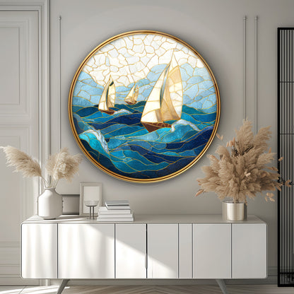 Vitray Desen Yelkenli Gemiler Yuvarlak Cam Tablo