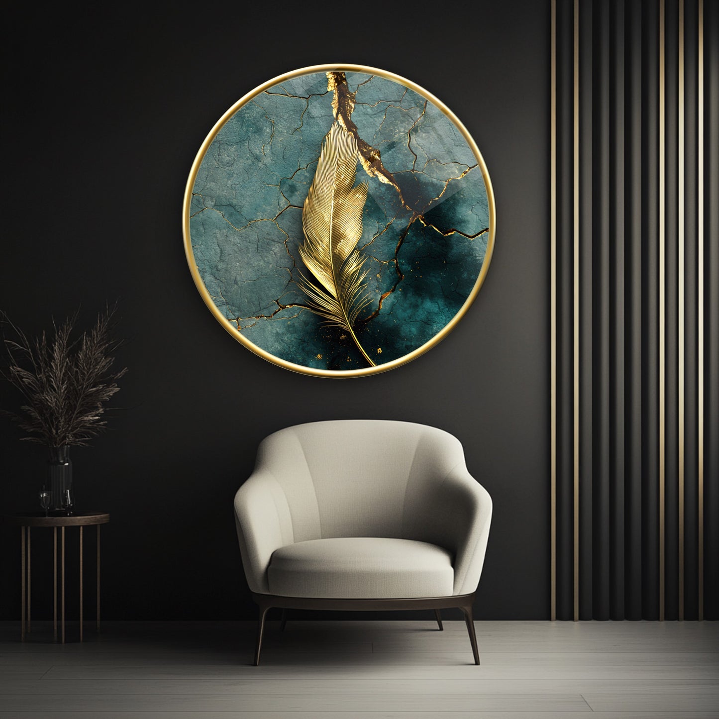 Gold Yaprak Yuvarlak Cam Tablo