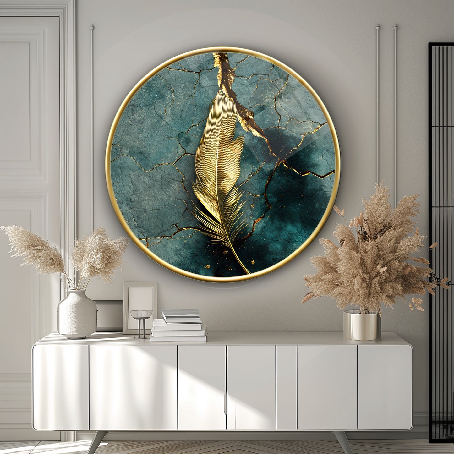 Gold Yaprak Yuvarlak Cam Tablo