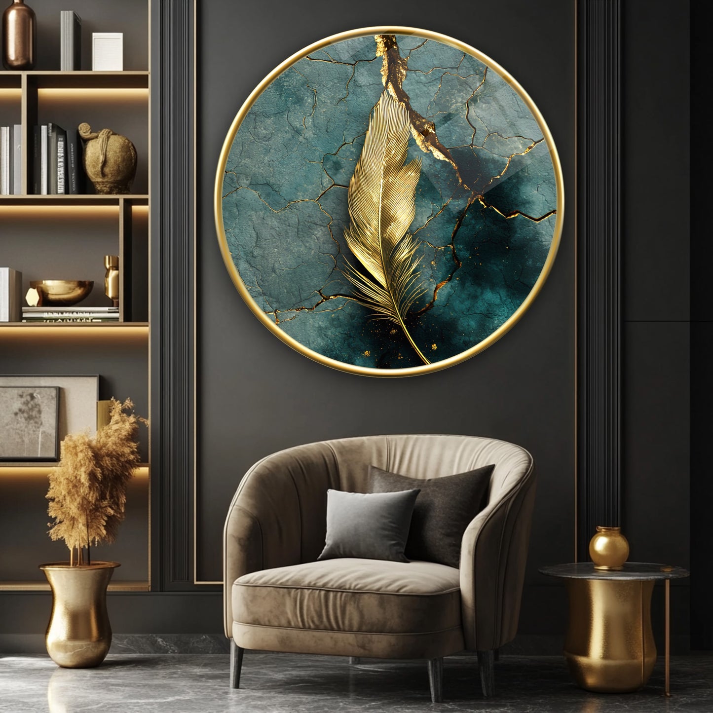 Gold Yaprak Yuvarlak Cam Tablo