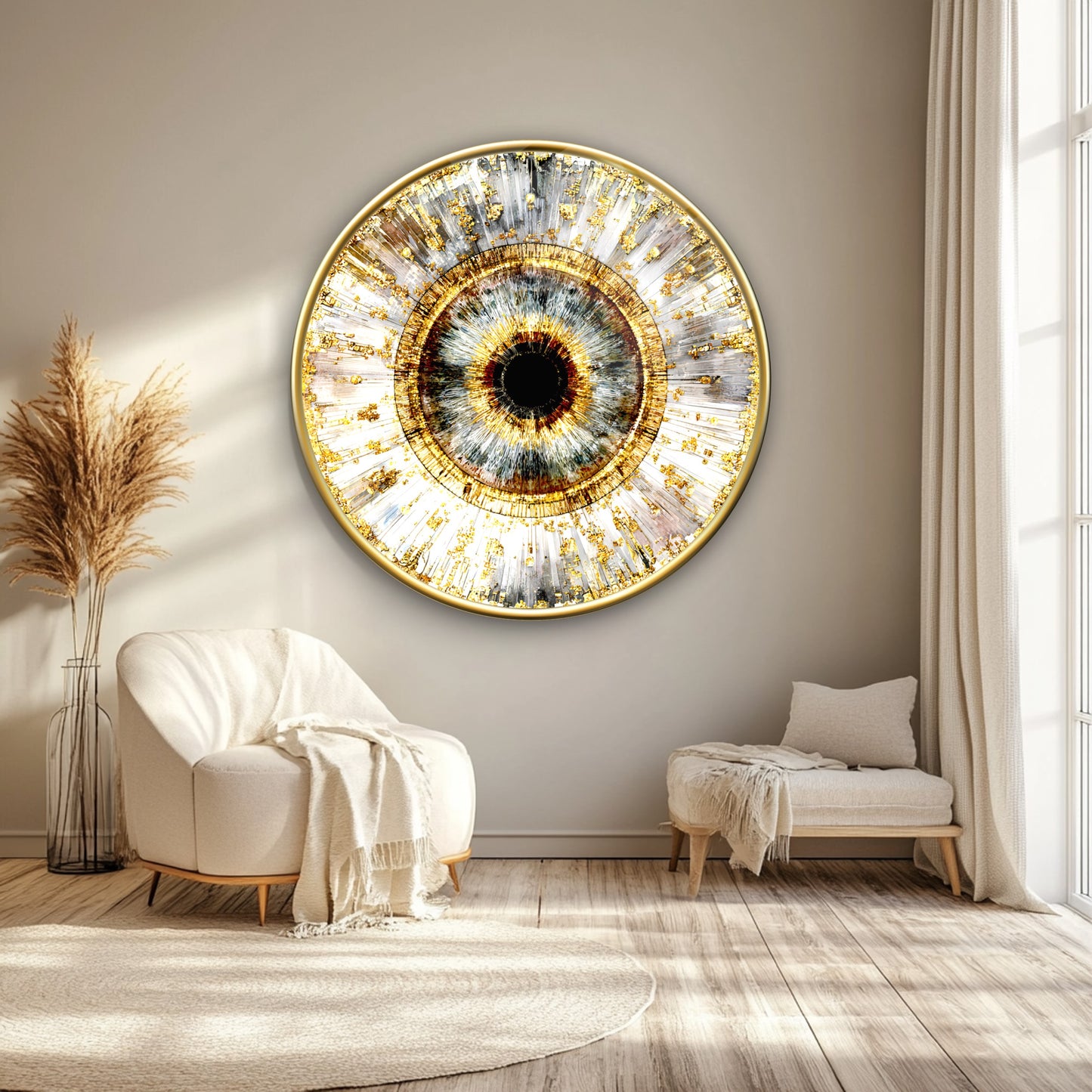 Soyut Gold Gözbebeği Yuvarlak Cam Tablo