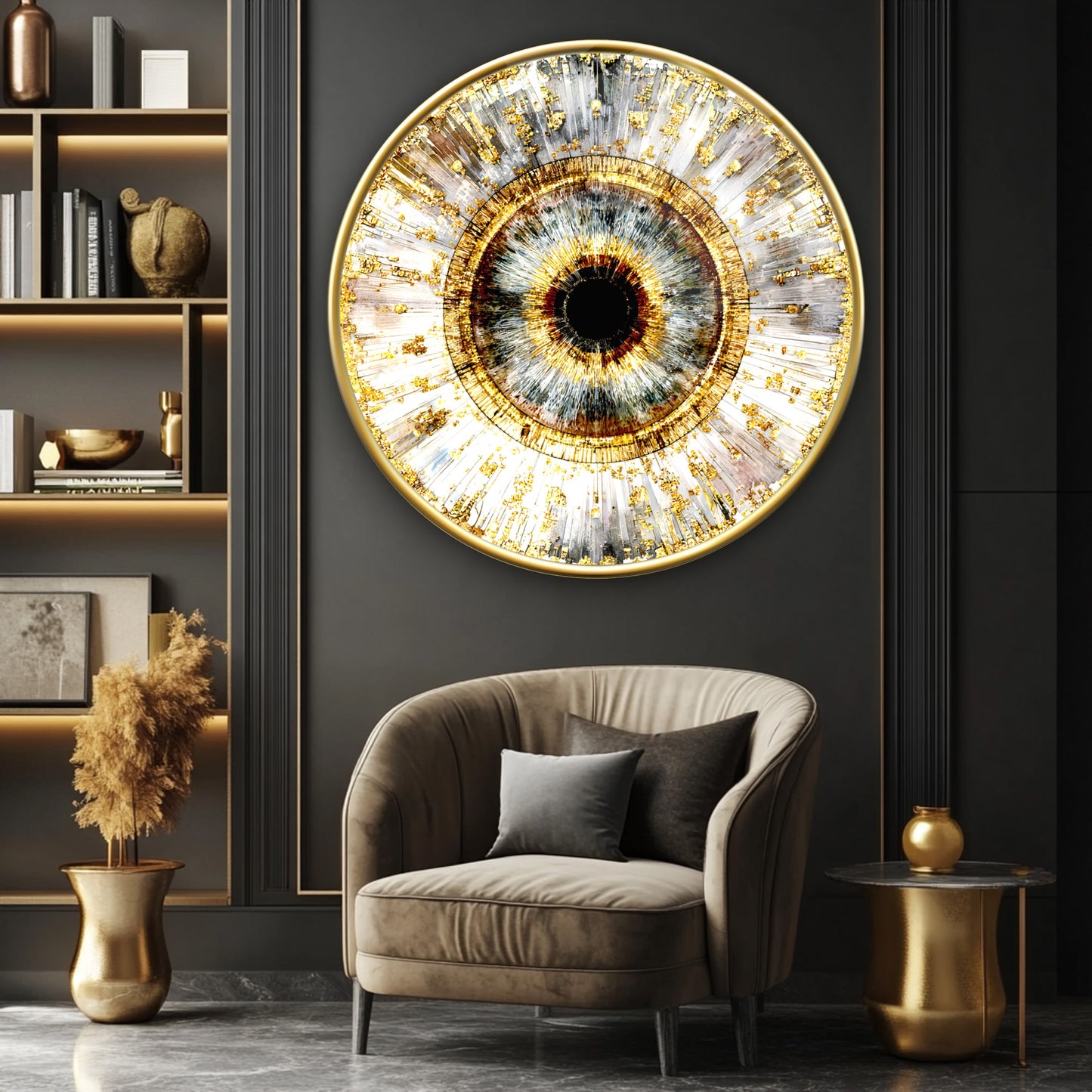Soyut Gold Gözbebeği Yuvarlak Cam Tablo