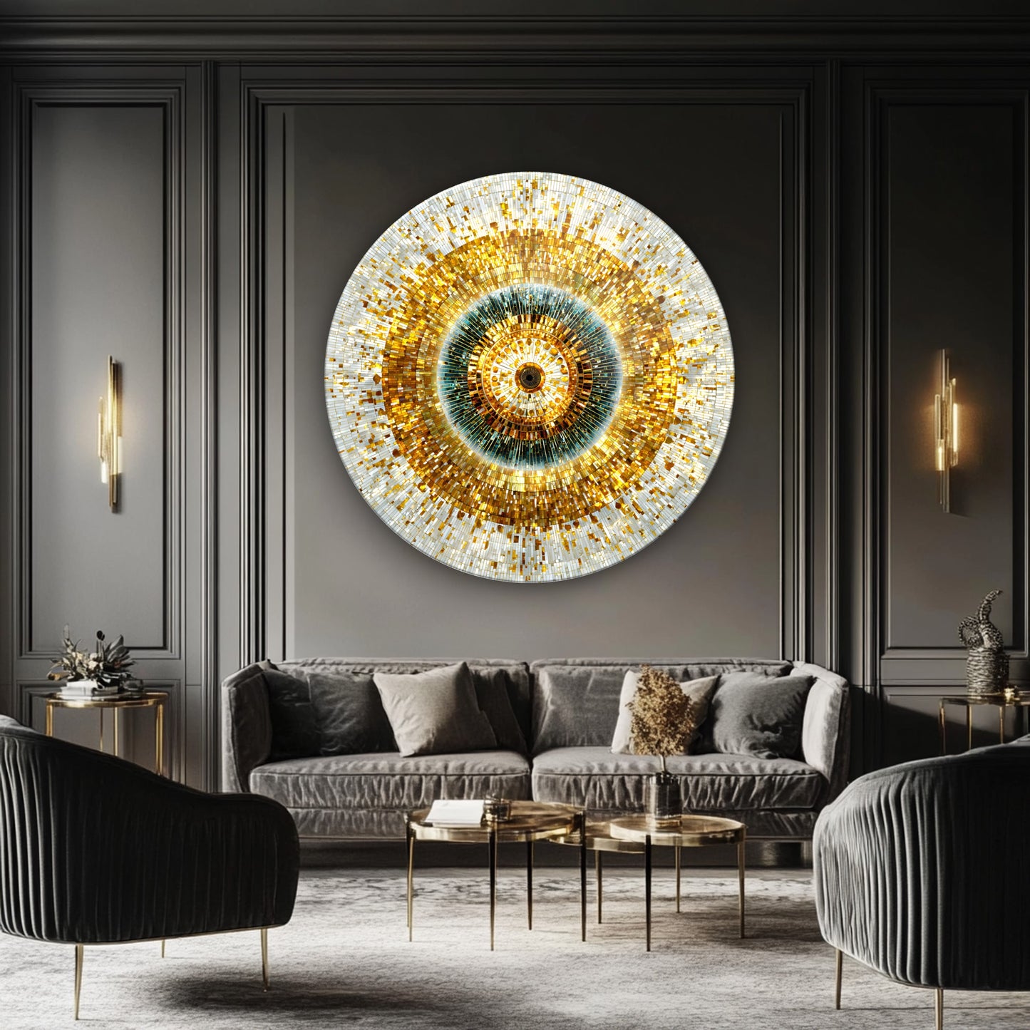 Soyut Gold Mozaik Desen Yuvarlak Cam Tablo