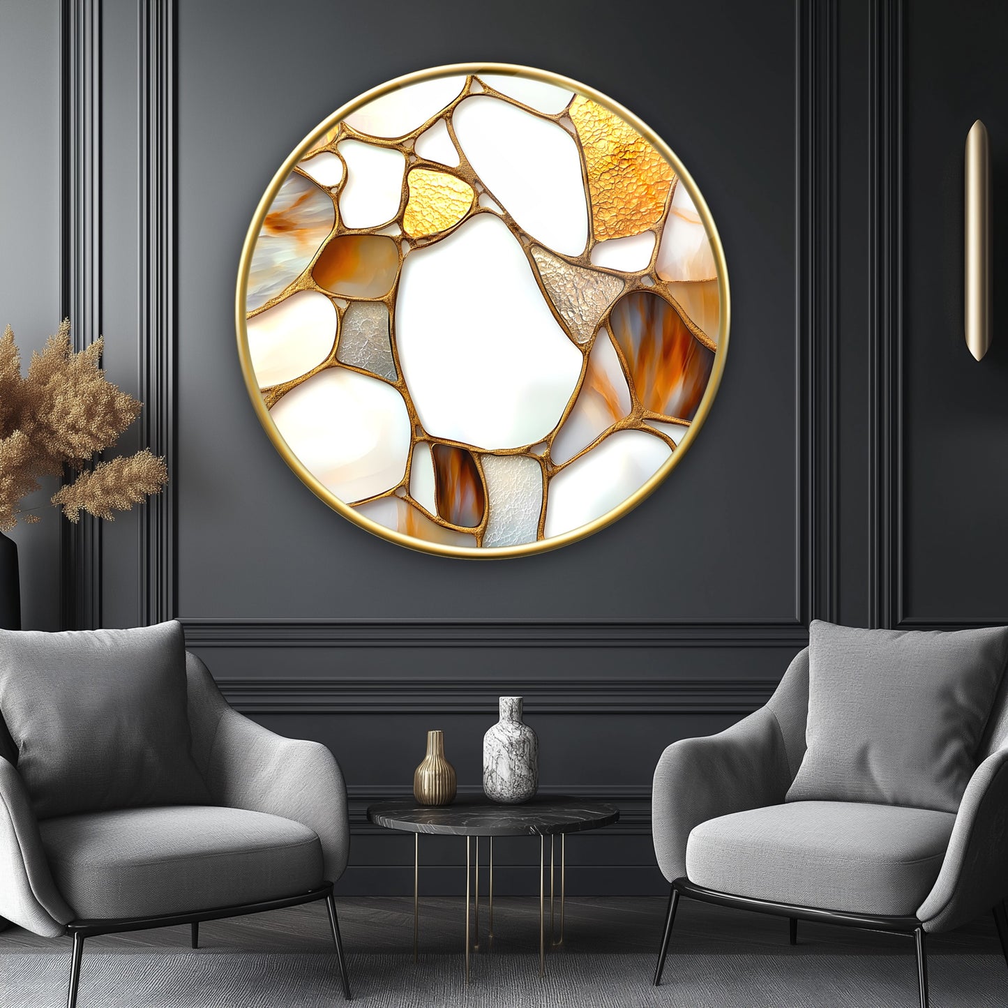 Soyut Gold Mermer Desen Yuvarlak Cam Tablo