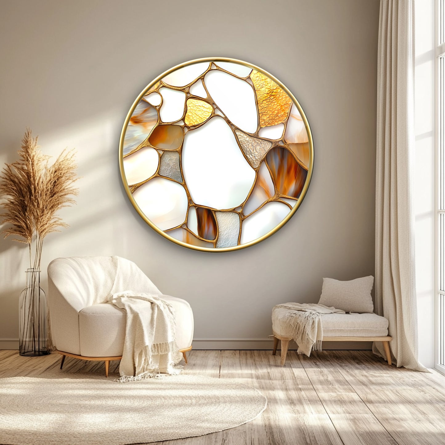 Soyut Gold Mermer Desen Yuvarlak Cam Tablo