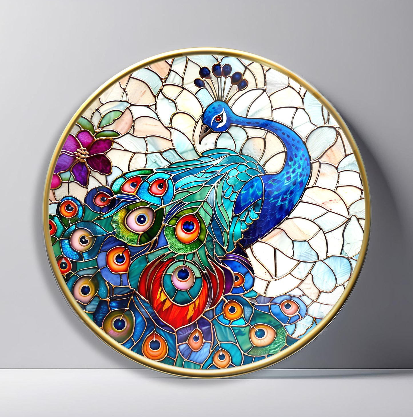 Vitray Desen Tavus Kuşu Yuvarlak Cam Tablo
