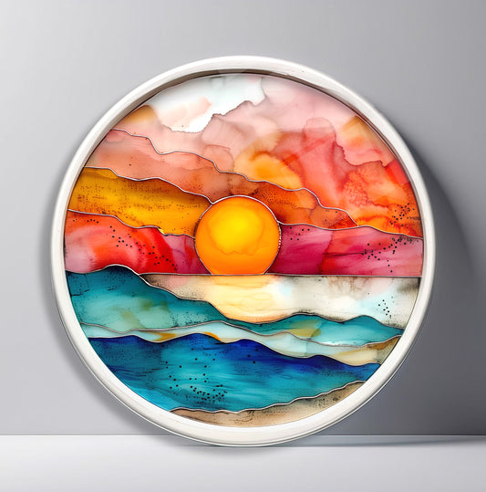 Gün Batımı Vitray Desen Yuvarlak Cam Tablo