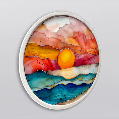 Gün Batımı Vitray Desen Yuvarlak Cam Tablo