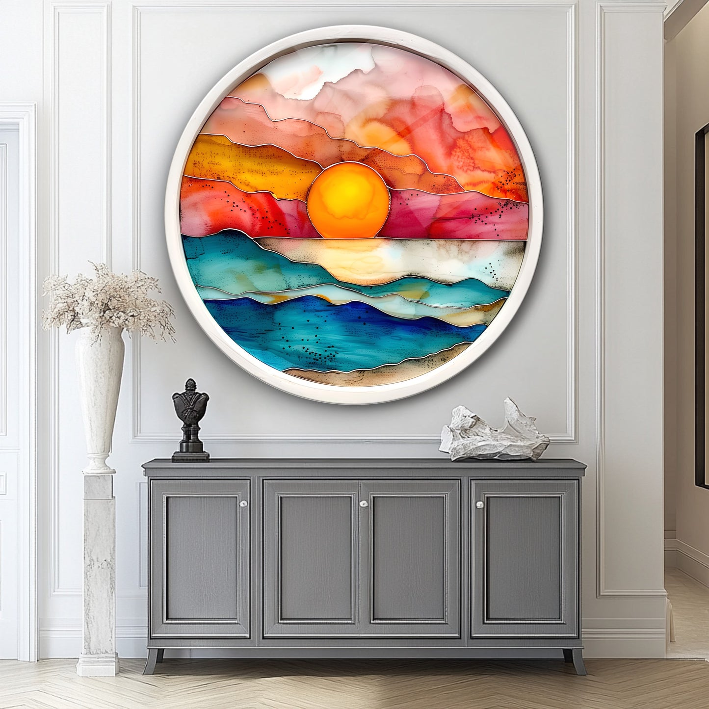 Gün Batımı Vitray Desen Yuvarlak Cam Tablo