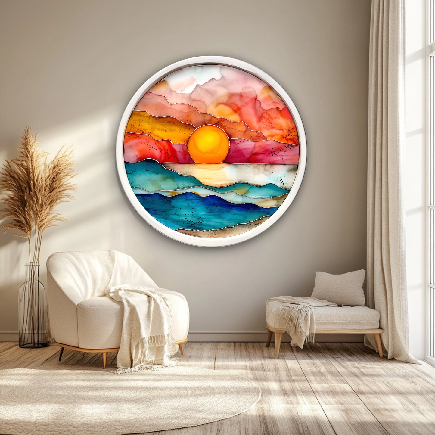 Gün Batımı Vitray Desen Yuvarlak Cam Tablo