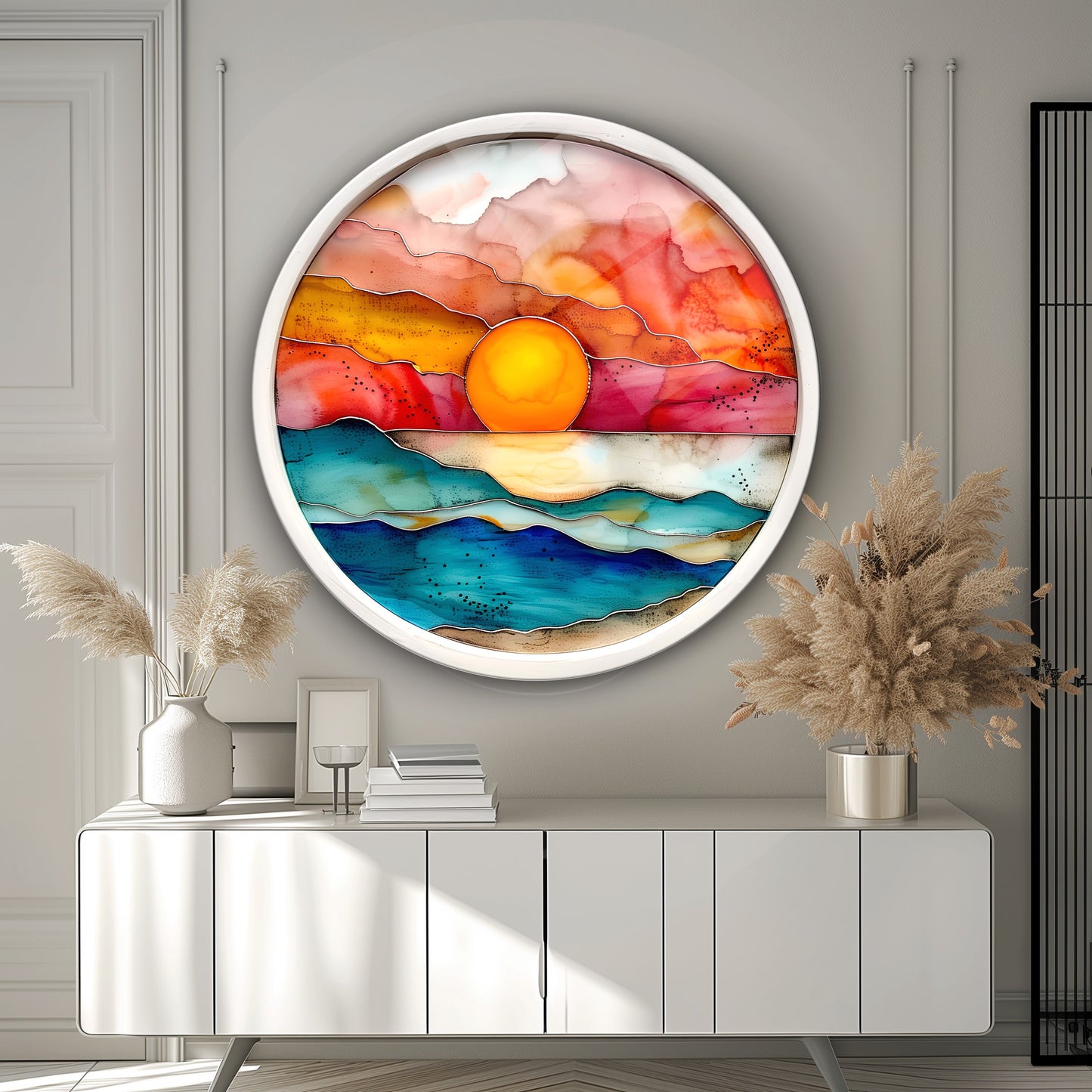 Gün Batımı Vitray Desen Yuvarlak Cam Tablo