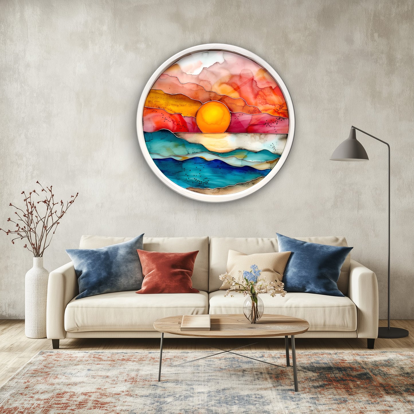 Gün Batımı Vitray Desen Yuvarlak Cam Tablo