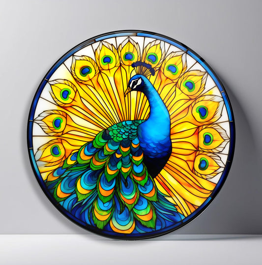 Sarı Vitray Desen Tavus Kuşu Yuvarlak Cam Tablo