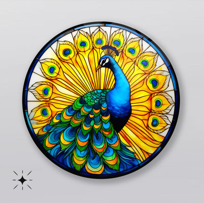 Sarı Vitray Desen Tavus Kuşu Yuvarlak Cam Tablo
