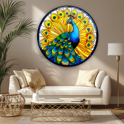 Sarı Vitray Desen Tavus Kuşu Yuvarlak Cam Tablo