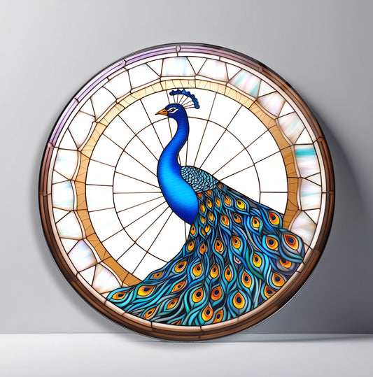 Vitray Desen Tavus Kuşu Yuvarlak Cam Tablo
