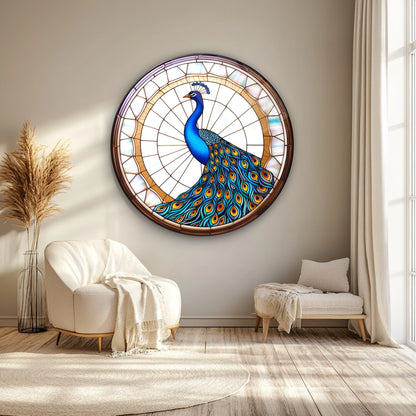 Vitray Desen Tavus Kuşu Yuvarlak Cam Tablo